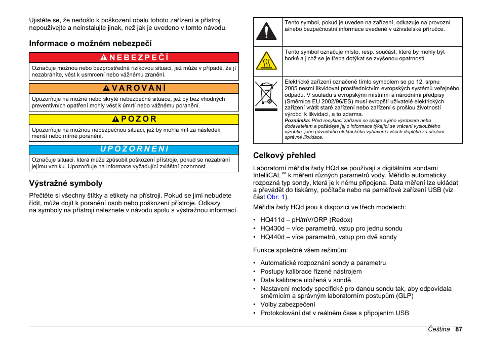 Informace o možném nebezpečí, Výstražné symboly, Celkový přehled | Hach-Lange HQ411D Basic User Manual User Manual | Page 87 / 324