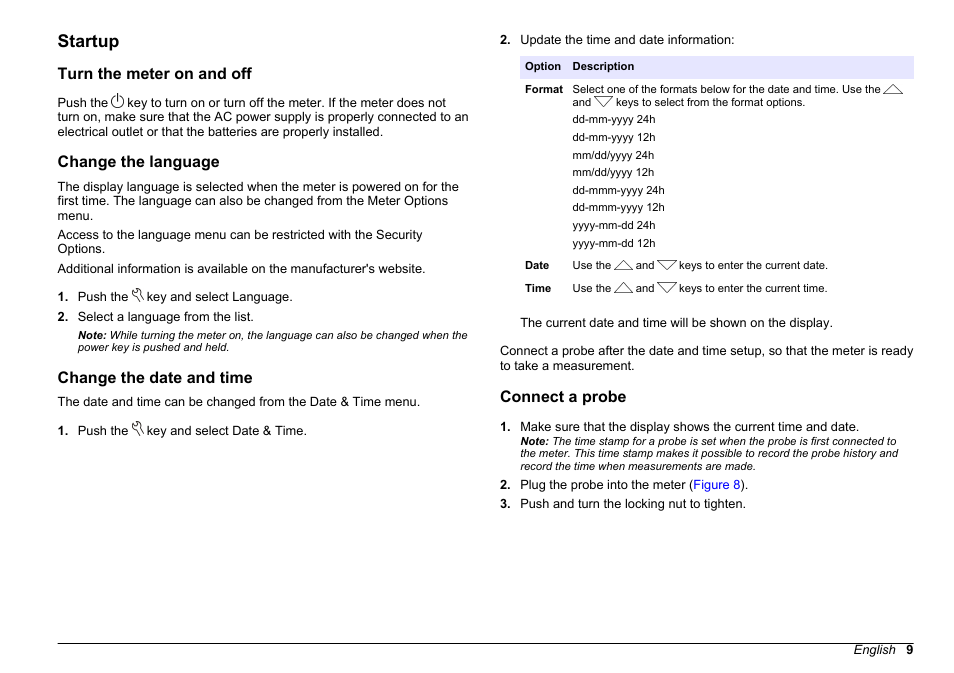 Startup, Turn the meter on and off, Change the language | Change the date and time, Connect a probe | Hach-Lange HQ411D Basic User Manual User Manual | Page 9 / 324