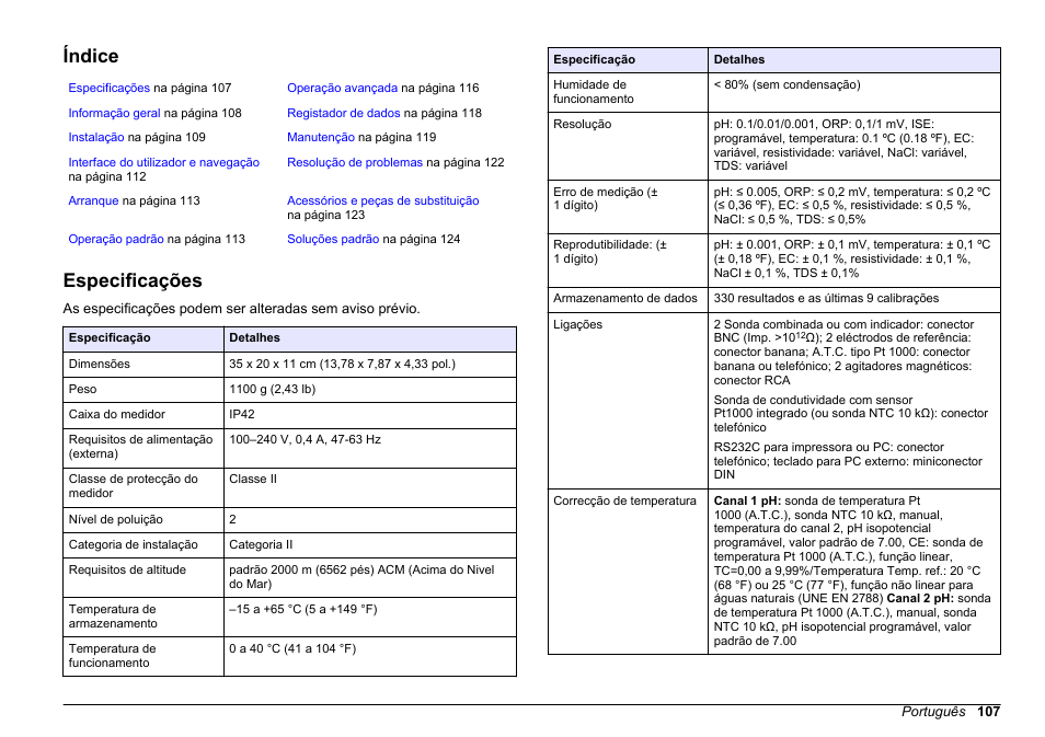 Manual do utilizador, Índice, Especificações | Português | Hach-Lange SENSION+ MM374 User Manual | Page 107 / 490