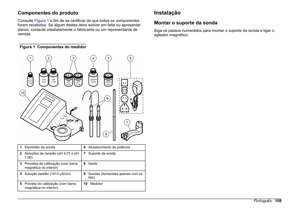 Componentes do produto, Instalação, Montar o suporte da sonda | Hach-Lange SENSION+ MM374 User Manual | Page 109 / 490