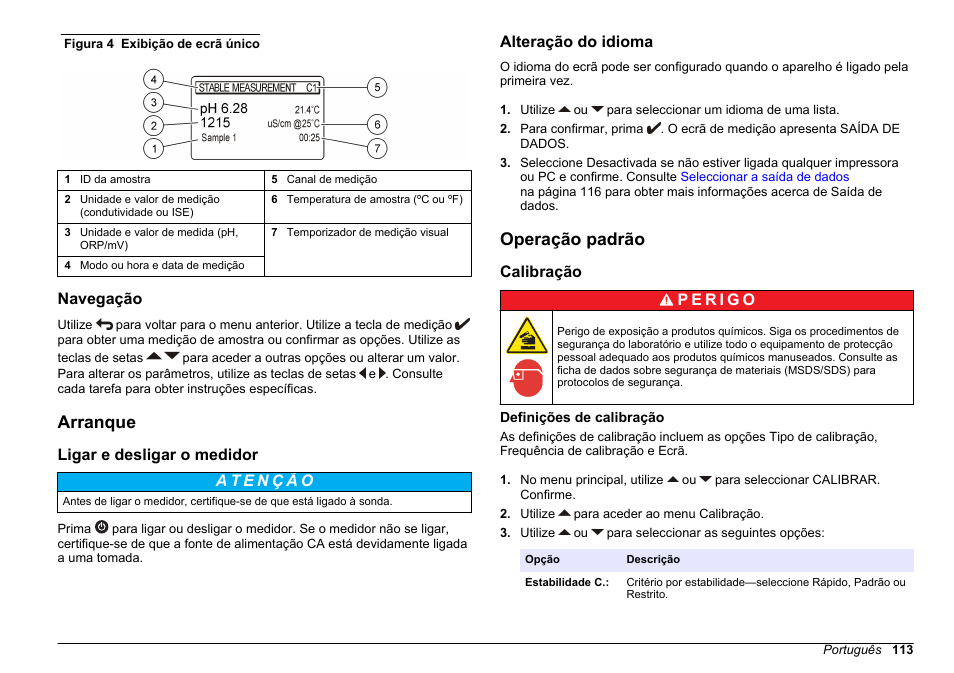 Navegação, Arranque, Ligar e desligar o medidor | Alteração do idioma, Operação padrão, Calibração, Definições de calibração | Hach-Lange SENSION+ MM374 User Manual | Page 113 / 490
