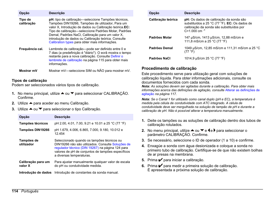Tipos de calibração, Procedimento de calibração | Hach-Lange SENSION+ MM374 User Manual | Page 114 / 490