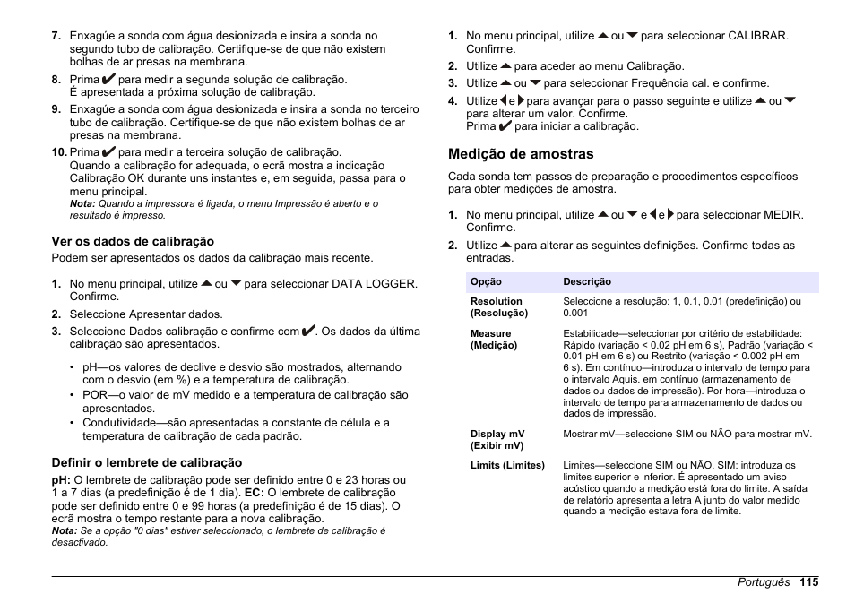 Ver os dados de calibração, Definir o lembrete de calibração, Medição de amostras | Definir o, Lembrete de calibração | Hach-Lange SENSION+ MM374 User Manual | Page 115 / 490