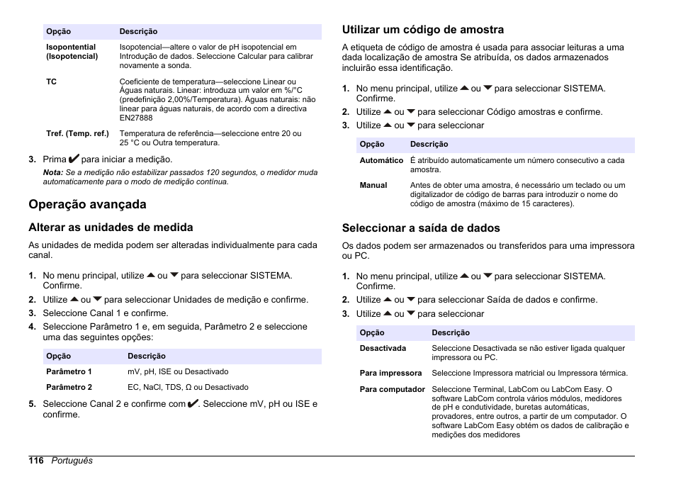 Operação avançada, Alterar as unidades de medida, Utilizar um código de amostra | Seleccionar a saída de dados | Hach-Lange SENSION+ MM374 User Manual | Page 116 / 490