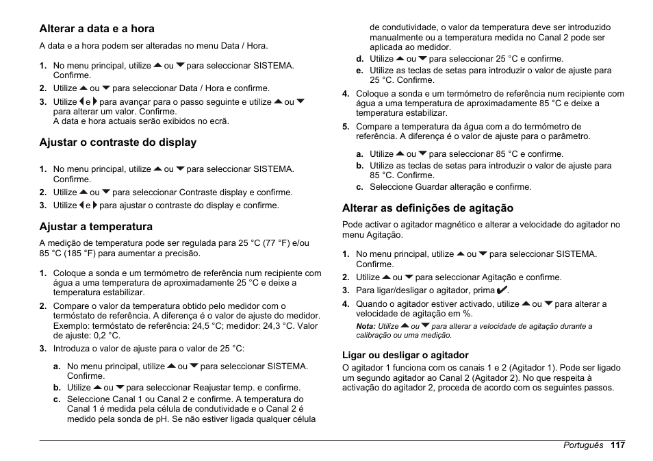 Alterar a data e a hora, Ajustar o contraste do display, Ajustar a temperatura | Alterar as definições de agitação, Ligar ou desligar o agitador, Alterar as definições de, Agitação | Hach-Lange SENSION+ MM374 User Manual | Page 117 / 490