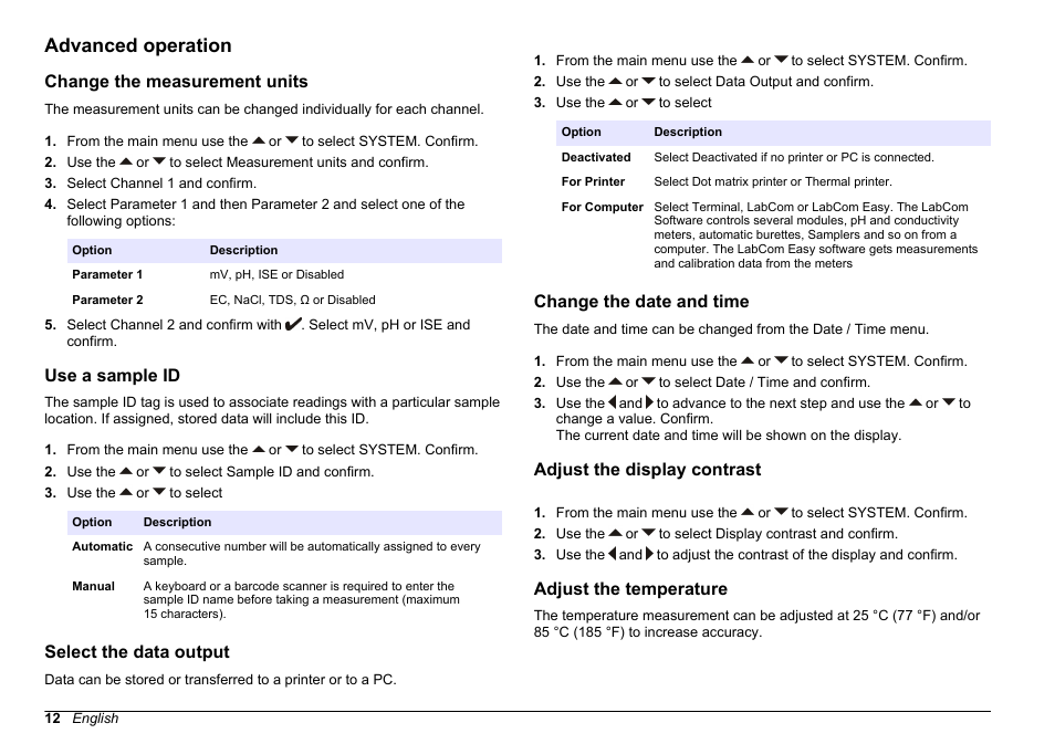 Advanced operation, Change the measurement units, Use a sample id | Select the data output, Change the date and time, Adjust the display contrast, Adjust the temperature | Hach-Lange SENSION+ MM374 User Manual | Page 12 / 490