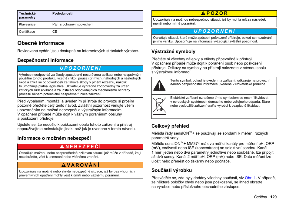 Obecné informace, Bezpečnostní informace, Informace o možném nebezpečí | Výstražné symboly, Celkový přehled, Součásti výrobku, Na straně | Hach-Lange SENSION+ MM374 User Manual | Page 129 / 490
