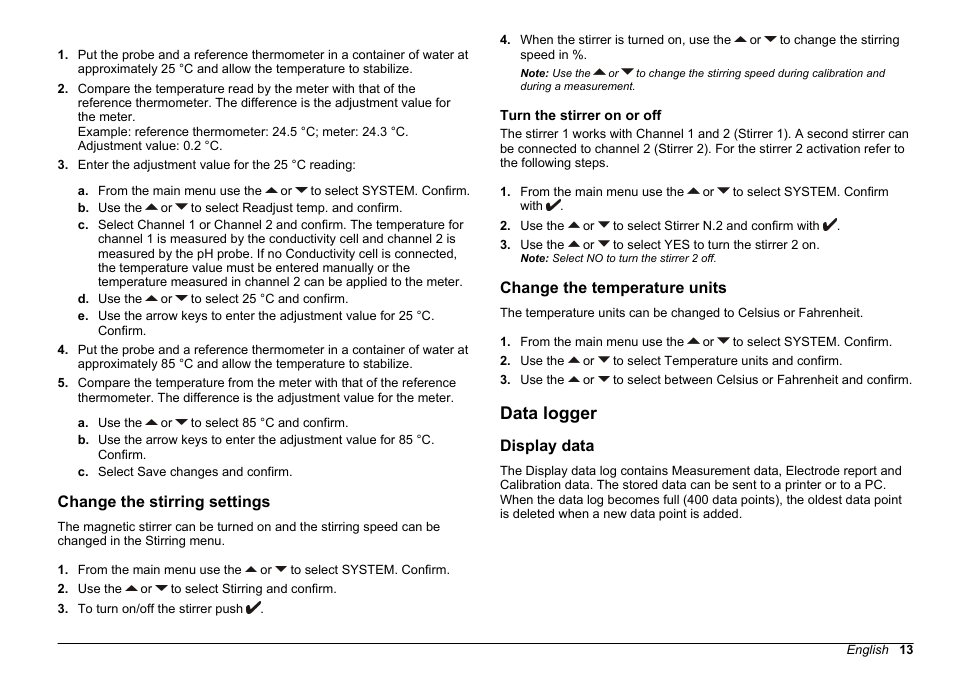 Change the stirring settings, Turn the stirrer on or off, Change the temperature units | Data logger, Display data, Stirring settings, refer to | Hach-Lange SENSION+ MM374 User Manual | Page 13 / 490