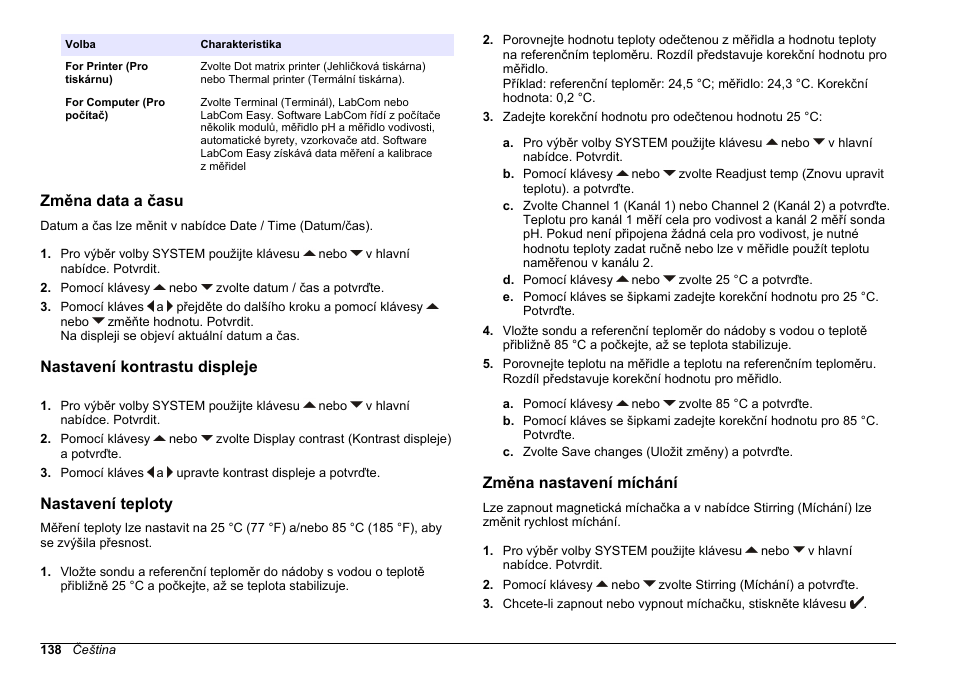 Změna data a času, Nastavení kontrastu displeje, Nastavení teploty | Změna nastavení míchání, Míchání viz | Hach-Lange SENSION+ MM374 User Manual | Page 138 / 490