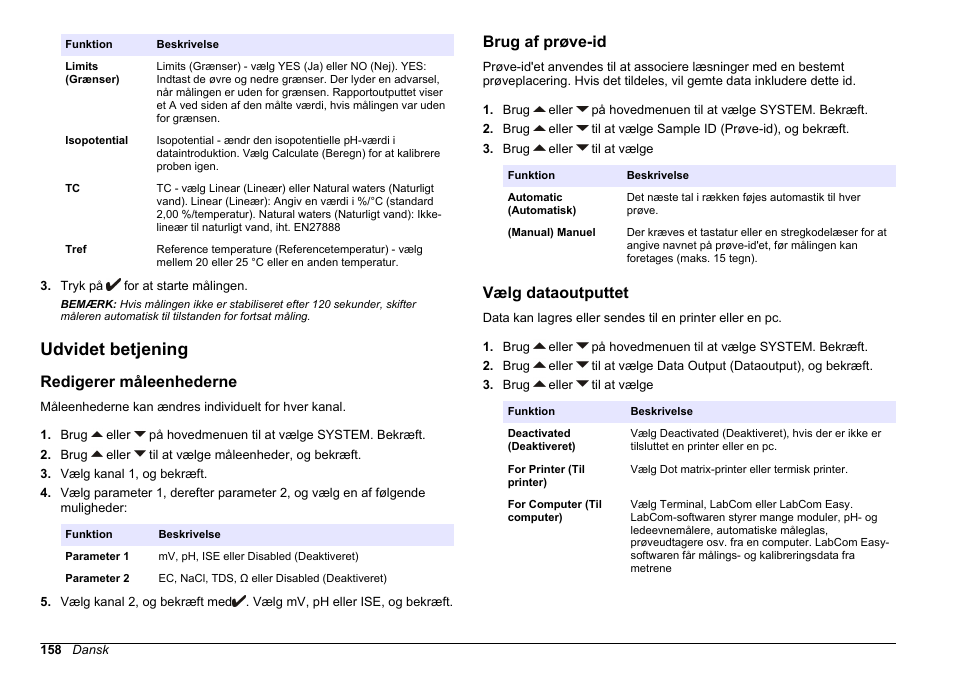 Udvidet betjening, Redigerer måleenhederne, Brug af prøve-id | Vælg dataoutputtet | Hach-Lange SENSION+ MM374 User Manual | Page 158 / 490