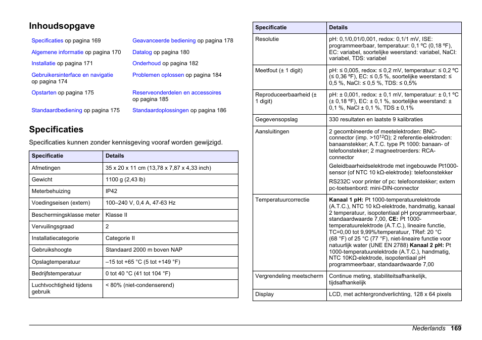 Gebruikershandleiding, Inhoudsopgave, Specificaties | Nederlands | Hach-Lange SENSION+ MM374 User Manual | Page 169 / 490