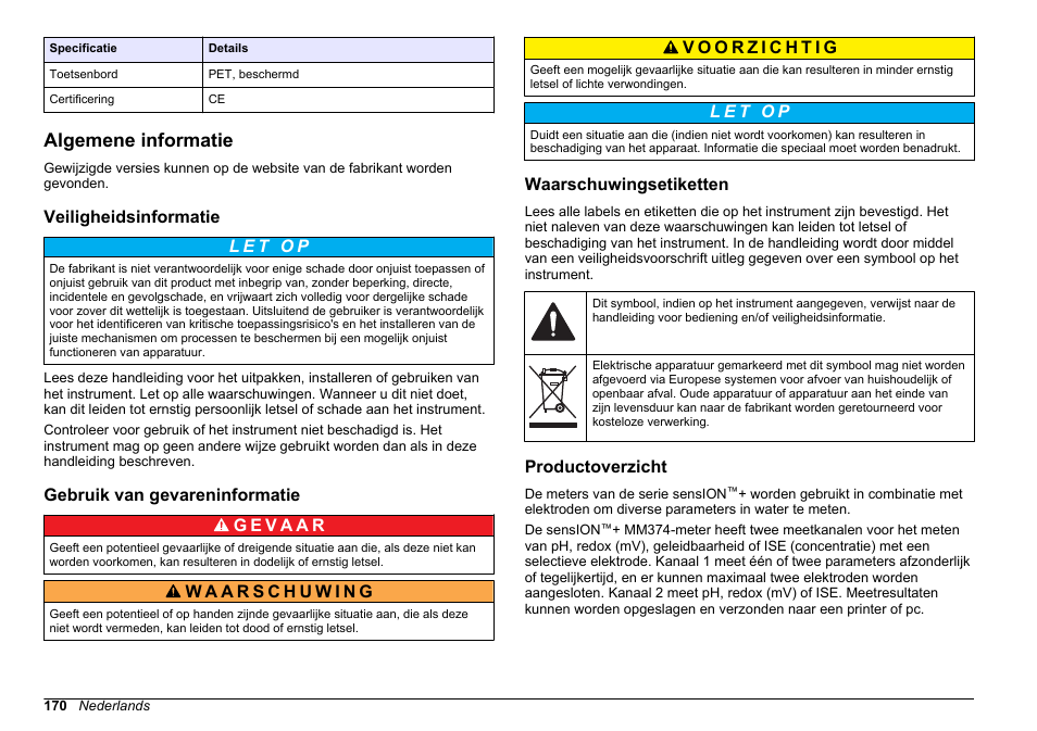 Algemene informatie, Veiligheidsinformatie, Gebruik van gevareninformatie | Waarschuwingsetiketten, Productoverzicht | Hach-Lange SENSION+ MM374 User Manual | Page 170 / 490