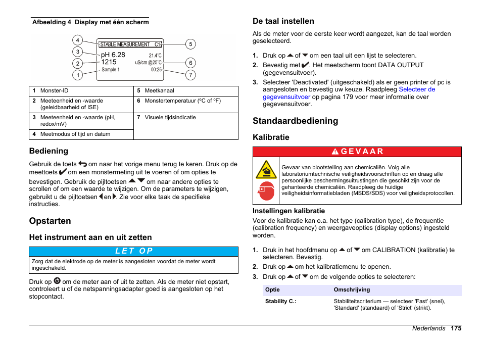 Bediening, Opstarten, Het instrument aan en uit zetten | De taal instellen, Standaardbediening, Kalibratie, Instellingen kalibratie | Hach-Lange SENSION+ MM374 User Manual | Page 175 / 490