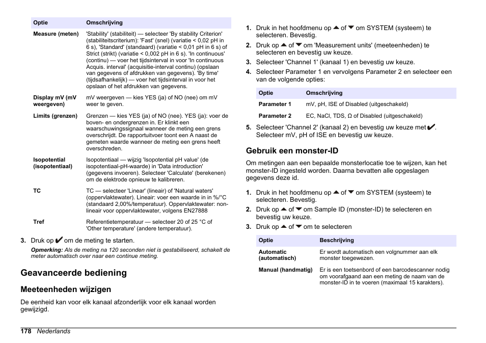 Geavanceerde bediening, Meeteenheden wijzigen, Gebruik een monster-id | Hach-Lange SENSION+ MM374 User Manual | Page 178 / 490