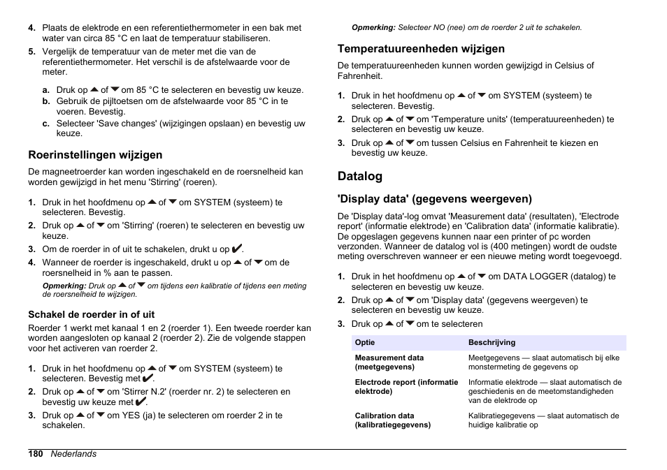 Roerinstellingen wijzigen, Schakel de roerder in of uit, Temperatuureenheden wijzigen | Datalog, Display data' (gegevens weergeven), Raadpleeg | Hach-Lange SENSION+ MM374 User Manual | Page 180 / 490