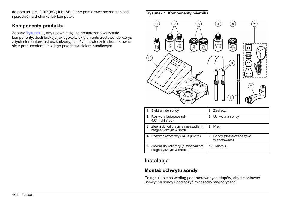 Komponenty produktu, Instalacja, Montaż uchwytu sondy | Na stronie 192 | Hach-Lange SENSION+ MM374 User Manual | Page 192 / 490