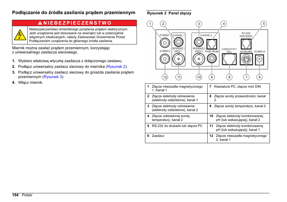 Podłączanie do źródła zasilania prądem przemiennym | Hach-Lange SENSION+ MM374 User Manual | Page 194 / 490
