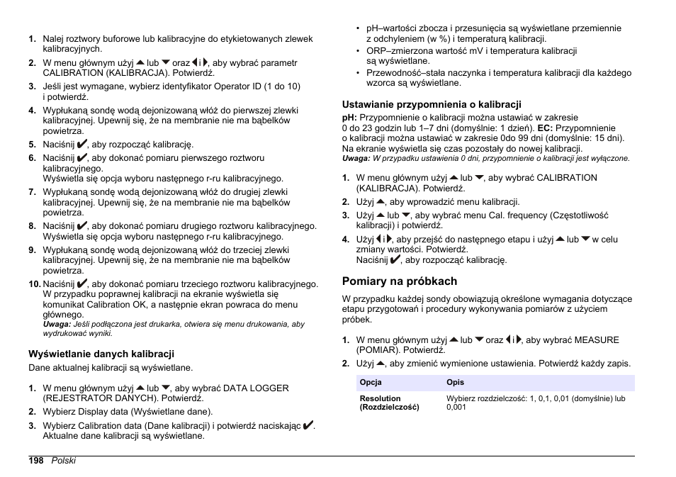 Wyświetlanie danych kalibracji, Ustawianie przypomnienia o kalibracji, Pomiary na próbkach | Ustawianie przypomnienia o, Kalibracji, Na stronie 198, aby dowiedzieć się | Hach-Lange SENSION+ MM374 User Manual | Page 198 / 490