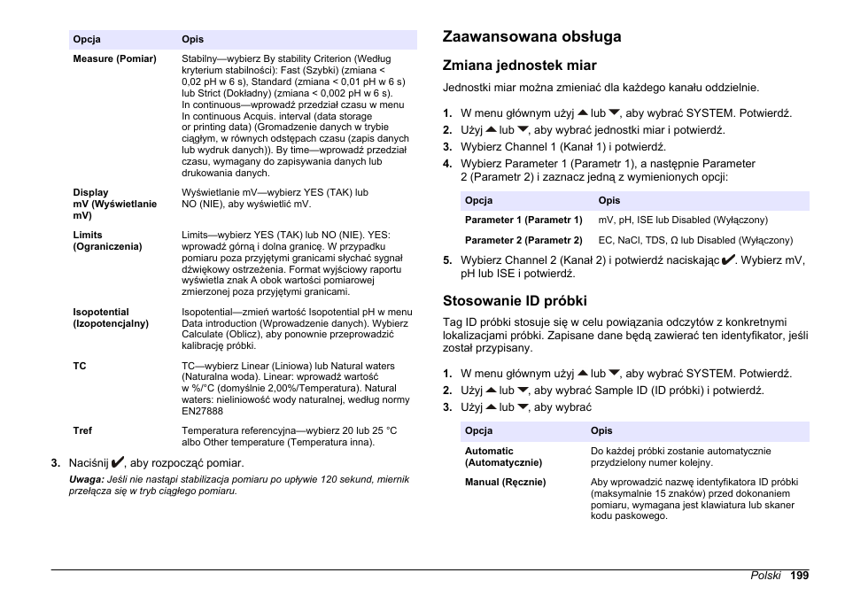 Zaawansowana obsługa, Zmiana jednostek miar, Stosowanie id próbki | Hach-Lange SENSION+ MM374 User Manual | Page 199 / 490