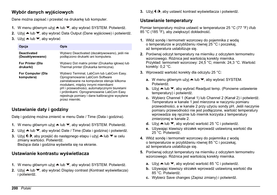 Wybór danych wyjściowych, Ustawianie daty i godziny, Ustawianie kontrastu wyświetlacza | Ustawianie temperatury | Hach-Lange SENSION+ MM374 User Manual | Page 200 / 490