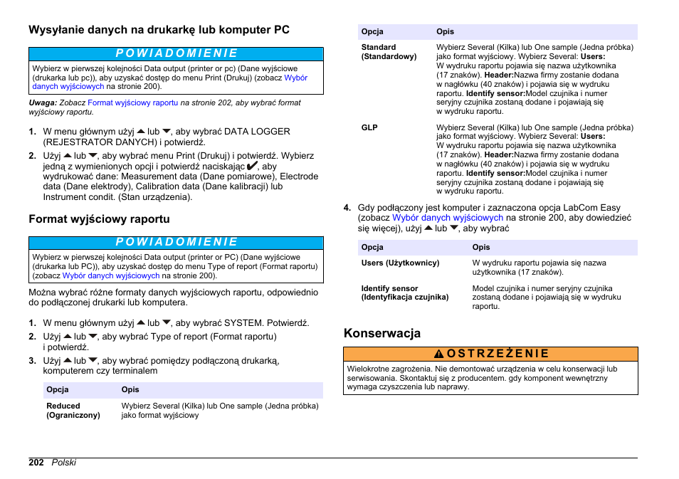 Wysyłanie danych na drukarkę lub komputer pc, Format wyjściowy raportu, Konserwacja | Hach-Lange SENSION+ MM374 User Manual | Page 202 / 490