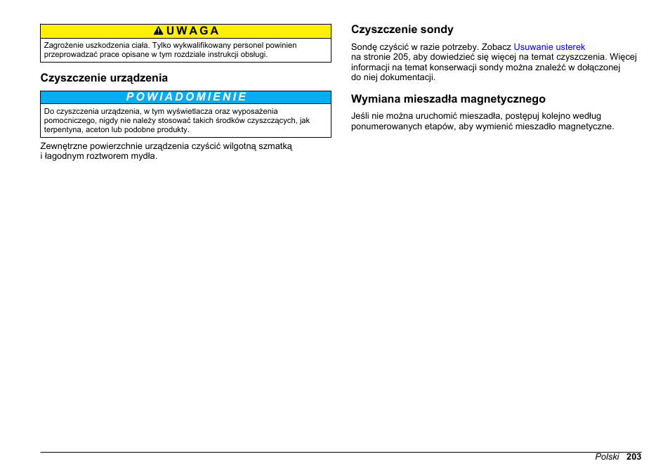 Czyszczenie urządzenia, Czyszczenie sondy, Wymiana mieszadła magnetycznego | Hach-Lange SENSION+ MM374 User Manual | Page 203 / 490