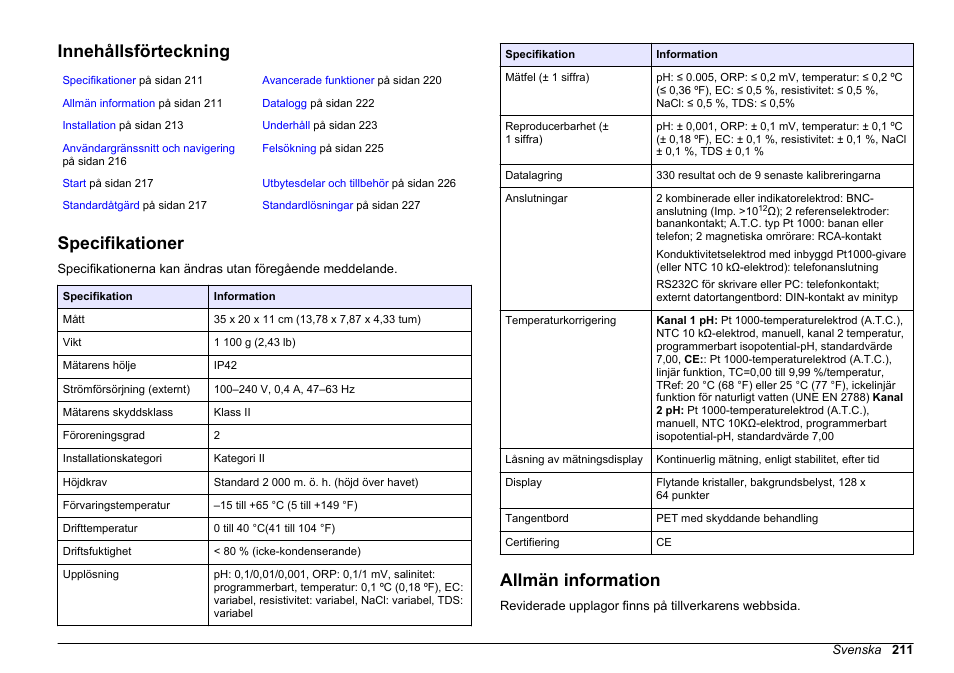 Bruksanvisning, Innehållsförteckning, Specifikationer | Allmän information, Svenska | Hach-Lange SENSION+ MM374 User Manual | Page 211 / 490