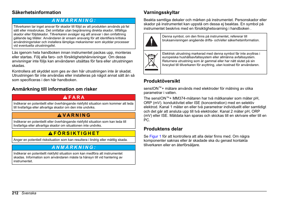 Säkerhetsinformation, Anmärkning till information om risker, Varningsskyltar | Produktöversikt, Produktens delar | Hach-Lange SENSION+ MM374 User Manual | Page 212 / 490
