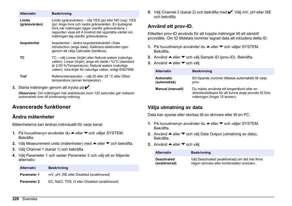 Avancerade funktioner, Ändra mätenheter, Använd ett prov-id | Välja utmatning av data, På sidan 220 | Hach-Lange SENSION+ MM374 User Manual | Page 220 / 490