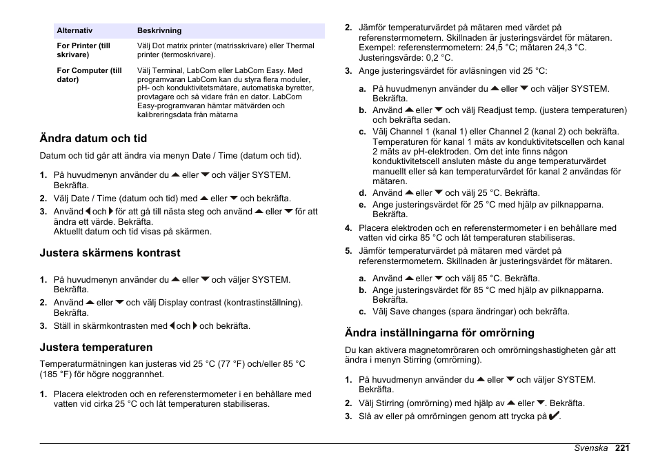 Ändra datum och tid, Justera skärmens kontrast, Justera temperaturen | Ändra inställningarna för omrörning, Inställningar för omrörning finns i | Hach-Lange SENSION+ MM374 User Manual | Page 221 / 490