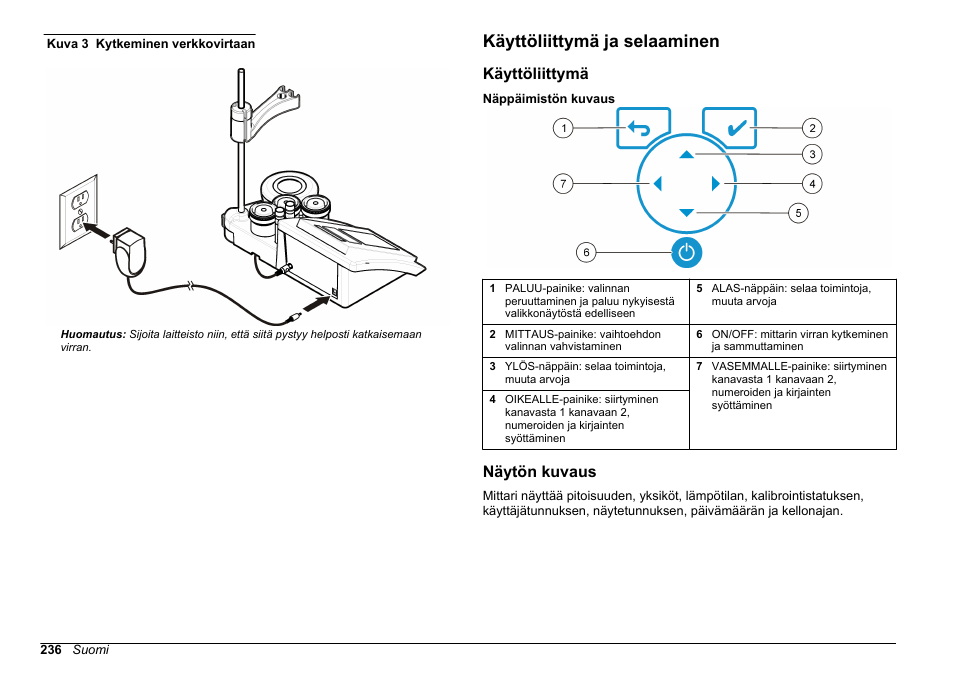 Käyttöliittymä ja selaaminen, Käyttöliittymä, Näytön kuvaus | Kytke yleisverkkovirtasovitin pistorasiaan, Kuva 3 | Hach-Lange SENSION+ MM374 User Manual | Page 236 / 490