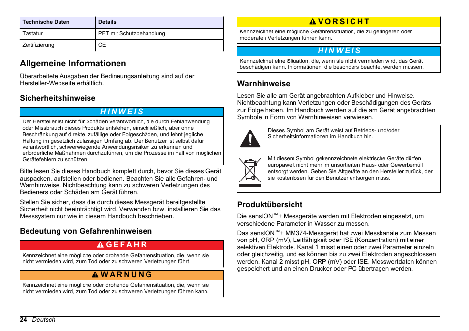 Allgemeine informationen, Sicherheitshinweise, Bedeutung von gefahrenhinweisen | Warnhinweise, Produktübersicht | Hach-Lange SENSION+ MM374 User Manual | Page 24 / 490