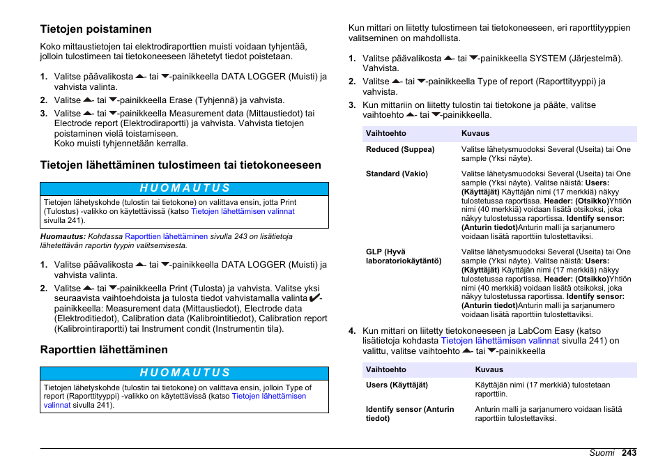 Tietojen poistaminen, Raporttien lähettäminen | Hach-Lange SENSION+ MM374 User Manual | Page 243 / 490