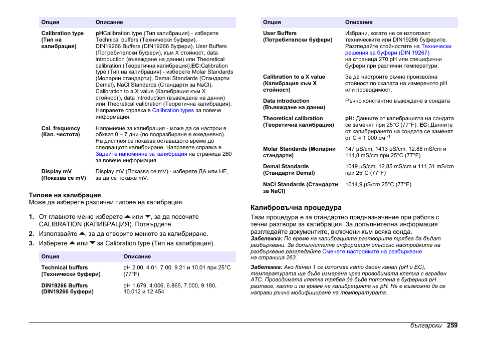 Типове на калибрация, Калибровъчна процедура | Hach-Lange SENSION+ MM374 User Manual | Page 259 / 490