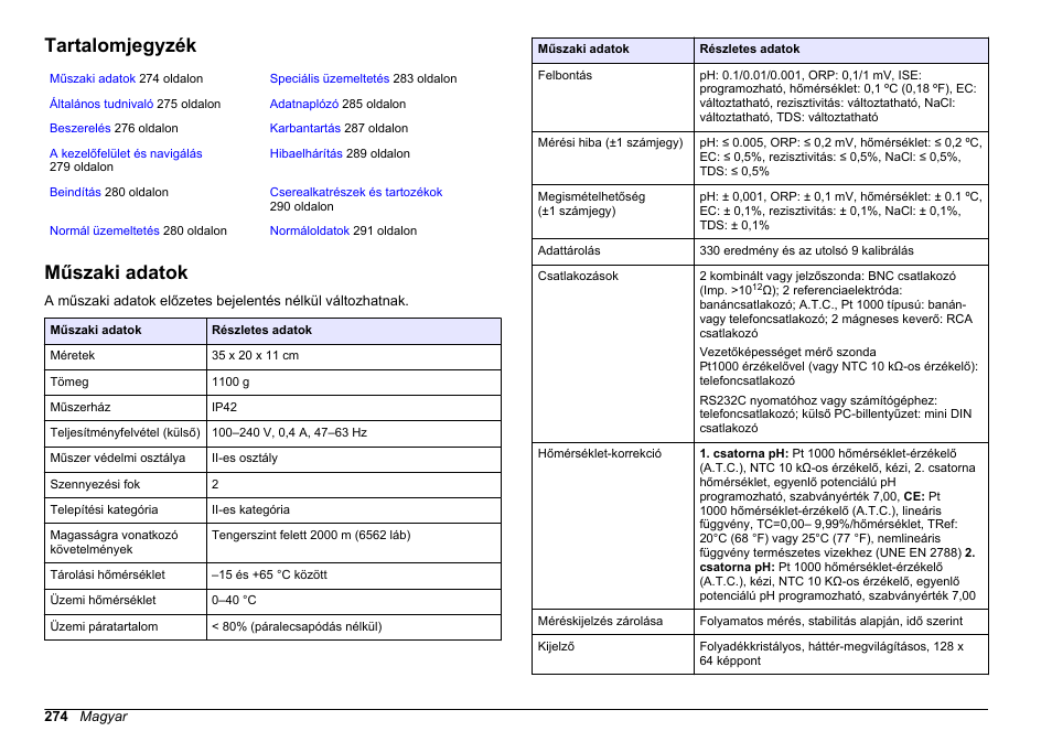 Használati útmutató, Tartalomjegyzék, Műszaki adatok | Magyar | Hach-Lange SENSION+ MM374 User Manual | Page 274 / 490