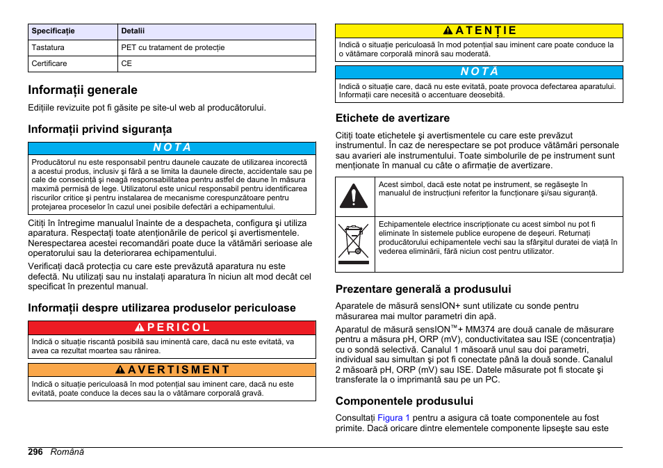 Informaţii generale, Informaţii privind siguranţa, Etichete de avertizare | Prezentare generală a produsului, Componentele produsului | Hach-Lange SENSION+ MM374 User Manual | Page 296 / 490