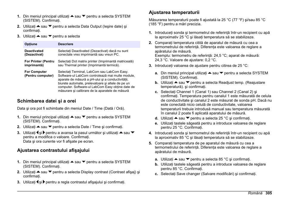 Schimbarea datei şi a orei, Ajustarea contrastului afişajului, Ajustarea temperaturii | Hach-Lange SENSION+ MM374 User Manual | Page 305 / 490