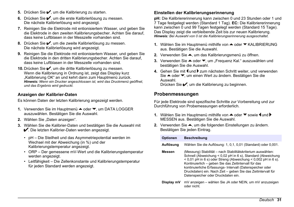 Anzeigen der kalibrier-daten, Einstellen der kalibrierungserinnerung, Probenmessungen | Einstellen der, Kalibrierungserinnerung, Auf seite 31 | Hach-Lange SENSION+ MM374 User Manual | Page 31 / 490