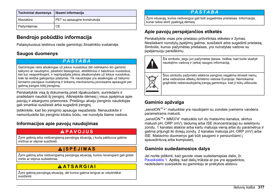 Bendrojo pobūdžio informacija, Saugos duomenys, Informacijos apie pavojų naudojimas | Apie pavojų perspėjančios etiketės, Gaminio apžvalga, Gaminio sudedamosios dalys | Hach-Lange SENSION+ MM374 User Manual | Page 317 / 490