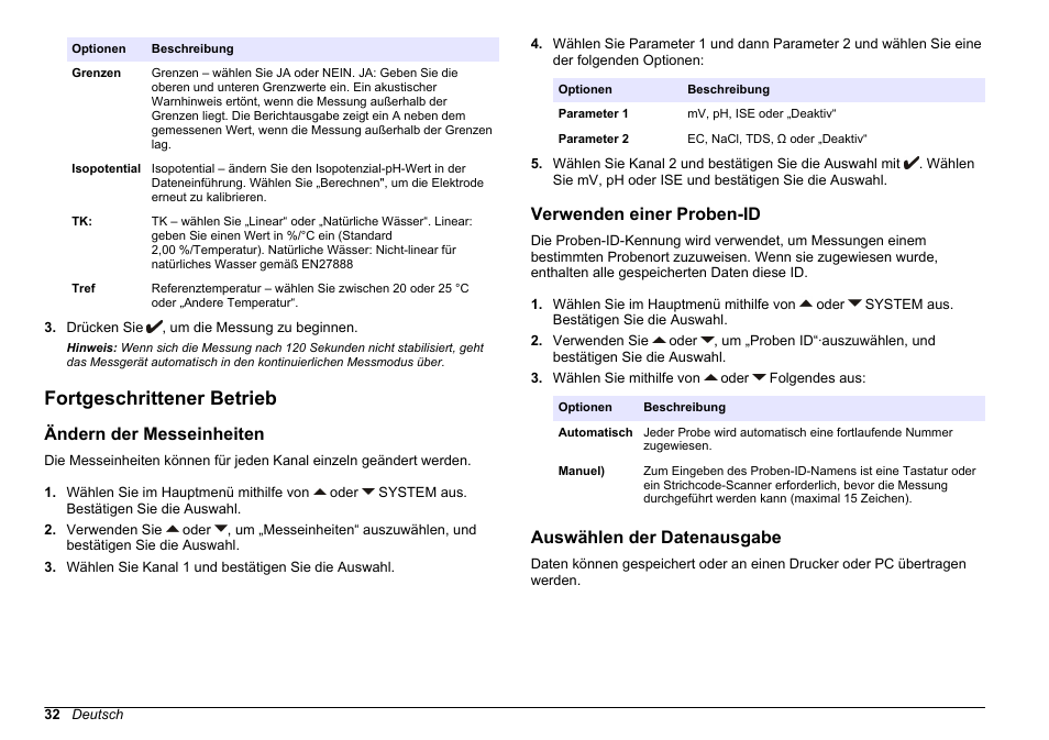 Fortgeschrittener betrieb, Ändern der messeinheiten, Verwenden einer proben-id | Auswählen der datenausgabe, Auf seite 32 | Hach-Lange SENSION+ MM374 User Manual | Page 32 / 490