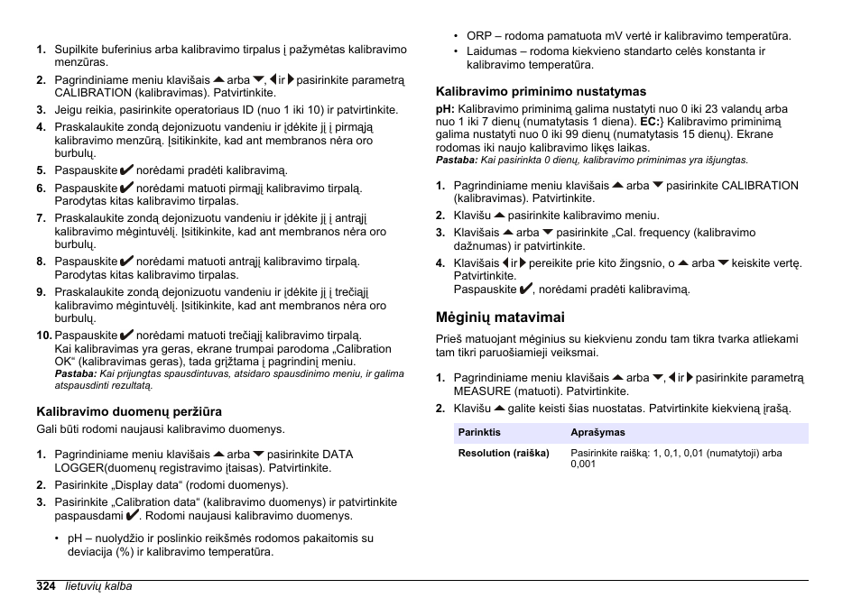 Kalibravimo duomenų peržiūra, Kalibravimo priminimo nustatymas, Mėginių matavimai | Hach-Lange SENSION+ MM374 User Manual | Page 324 / 490