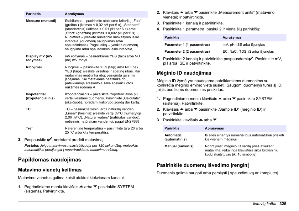 Papildomas naudojimas, Matavimo vienetų keitimas, Mėginio id naudojimas | Pasirinkite duomenų išvedimo įrenginį | Hach-Lange SENSION+ MM374 User Manual | Page 325 / 490