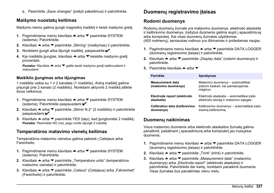 Maišymo nuostatų keitimas, Maišiklio įjungimas arba išjungimas, Temperatūros matavimo vienetų keitimas | Duomenų registravimo įtaisas, Rodomi duomenys, Duomenų naikinimas | Hach-Lange SENSION+ MM374 User Manual | Page 327 / 490
