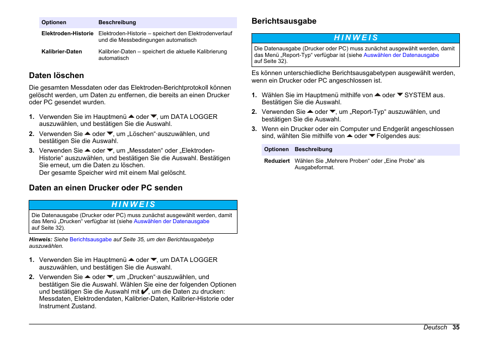 Daten löschen, Daten an einen drucker oder pc senden, Berichtsausgabe | Hach-Lange SENSION+ MM374 User Manual | Page 35 / 490