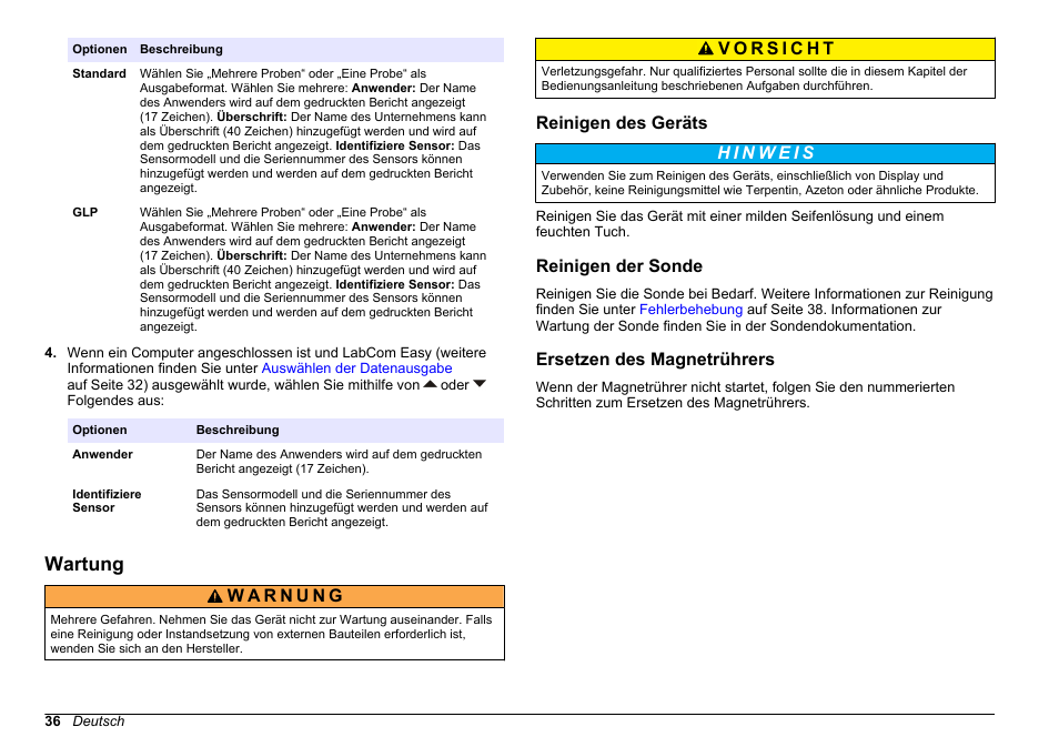 Wartung, Reinigen des geräts, Reinigen der sonde | Ersetzen des magnetrührers, Auf seite 36 | Hach-Lange SENSION+ MM374 User Manual | Page 36 / 490