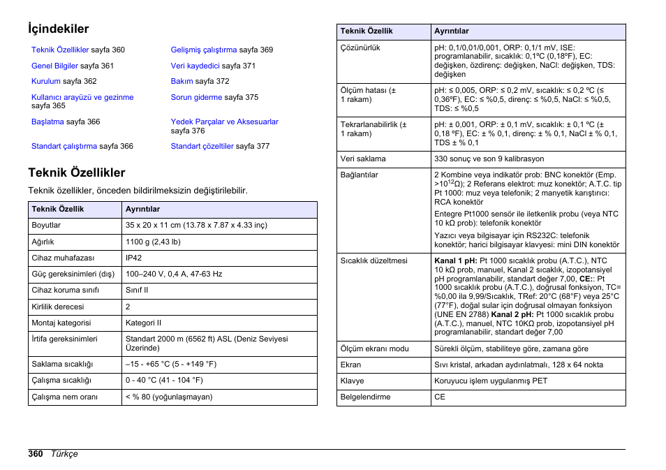 Kullanım kılavuzu, Içindekiler, Teknik özellikler | Türkçe | Hach-Lange SENSION+ MM374 User Manual | Page 360 / 490