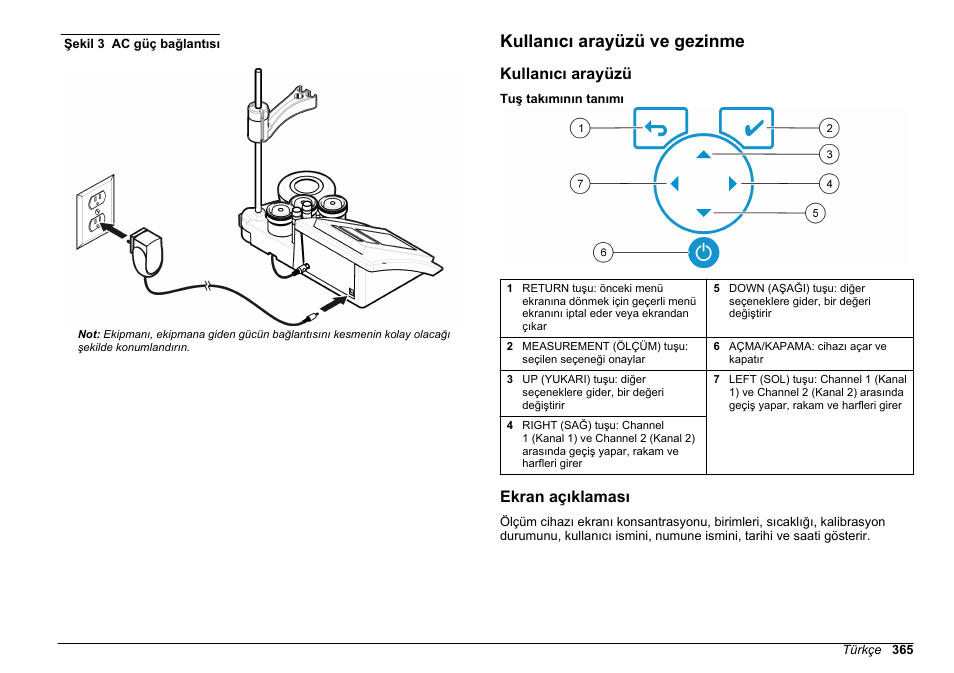 Kullanıcı arayüzü ve gezinme, Kullanıcı arayüzü, Ekran açıklaması | Evrensel güç adaptörünü ac duyuna, Şekil 3, Bağlayın | Hach-Lange SENSION+ MM374 User Manual | Page 365 / 490