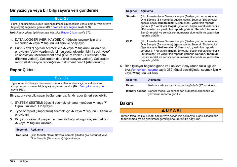 Bir yazıcıya veya bir bilgisayara veri gönderme, Rapor çıktısı, Bakım | Hach-Lange SENSION+ MM374 User Manual | Page 372 / 490