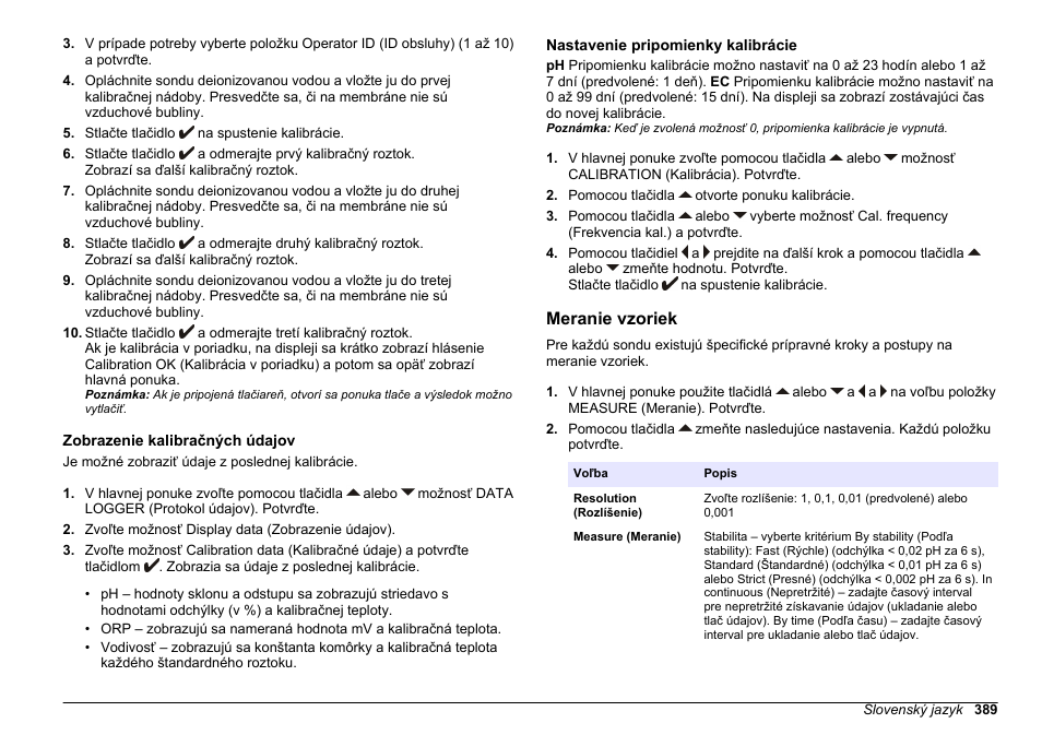 Zobrazenie kalibračných údajov, Nastavenie pripomienky kalibrácie, Meranie vzoriek | Na strane 389 | Hach-Lange SENSION+ MM374 User Manual | Page 389 / 490