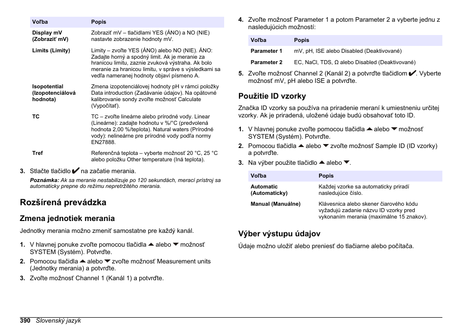 Rozšírená prevádzka, Zmena jednotiek merania, Použitie id vzorky | Výber výstupu údajov | Hach-Lange SENSION+ MM374 User Manual | Page 390 / 490